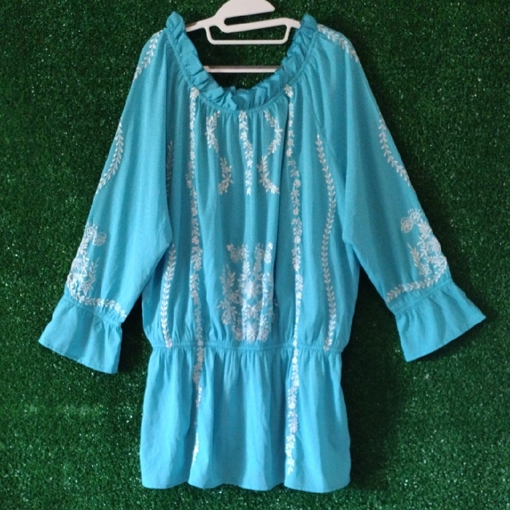 Jessica London Aqua Blouse with Ivory Detailing